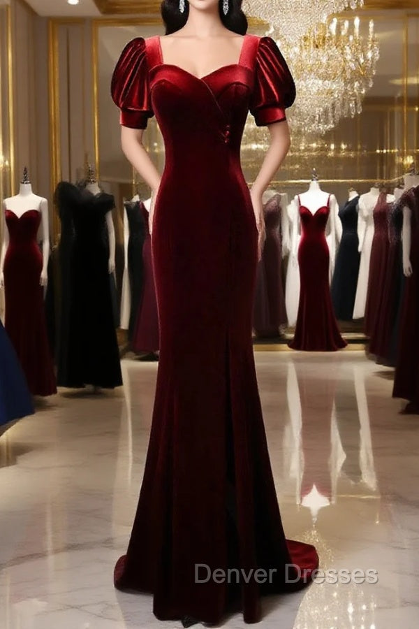 Burgundy Mermaid Velvet Short Sleeve Prom Dress Main image