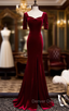Burgundy Mermaid Velvet Short Sleeve Prom Dresss