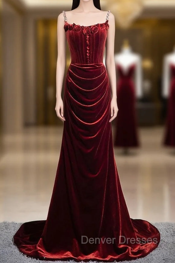 Burgundy Mermaid Velvet Spaghetti Straps Flower Prom Dress Main image