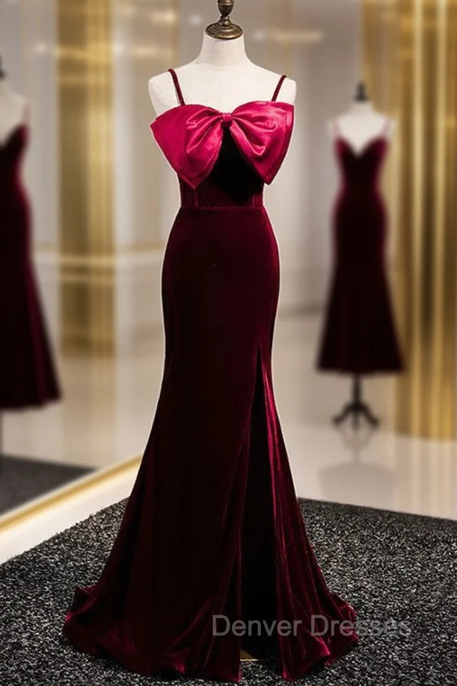 Burgundy Mermaid Velvet Spaghetti Straps Prom Dress With Bow Main image