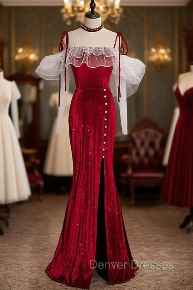 Burgundy Mermaid Velvet Spaghetti Straps Prom Dress With Split