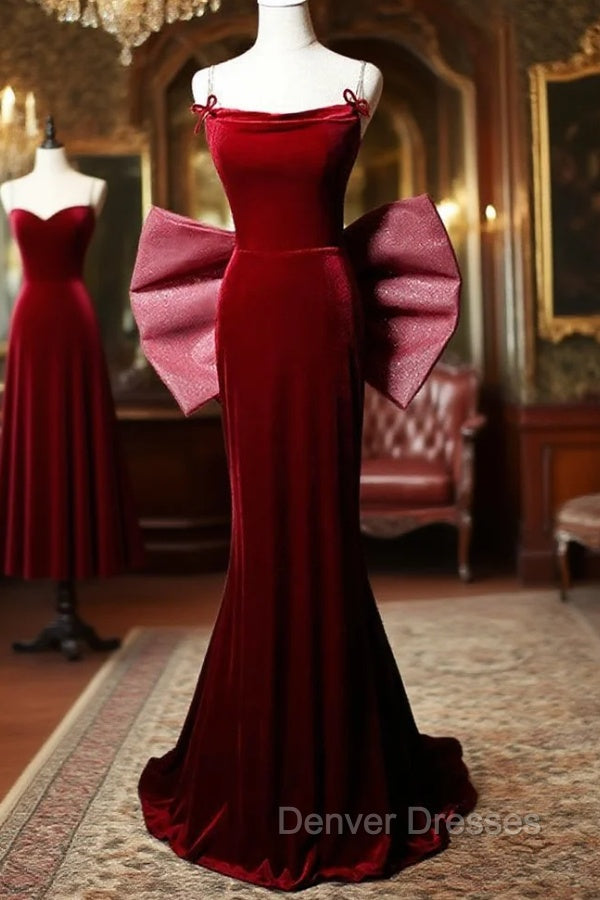 Burgundy Mermaid Velvet Straps Prom Dress With Bow Main image