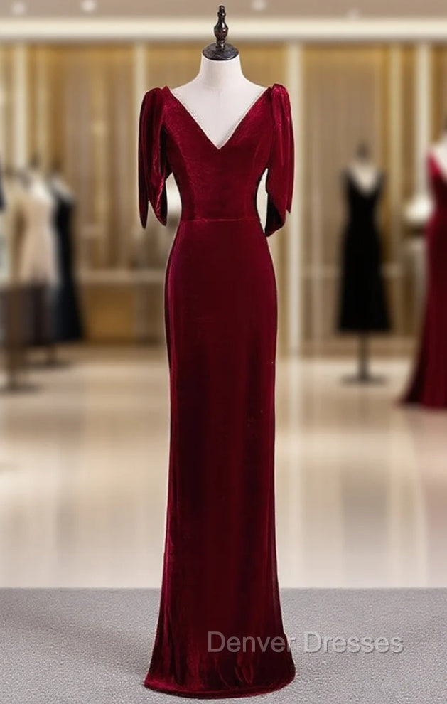 Burgundy Mermaid Velvet V-neck Prom Dress