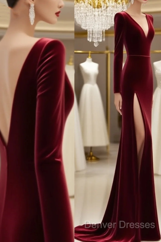 Burgundy Muslim Evening Dress Mermaid V-Neck Long Sleeves Velvet Slit Islamic Dubai Saudi Arabic Long Formal Evening Gown Main image