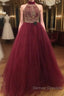 Burgundy O Neck Sequin Beads Tulle Prom Dress, Burgundy Evening Dress