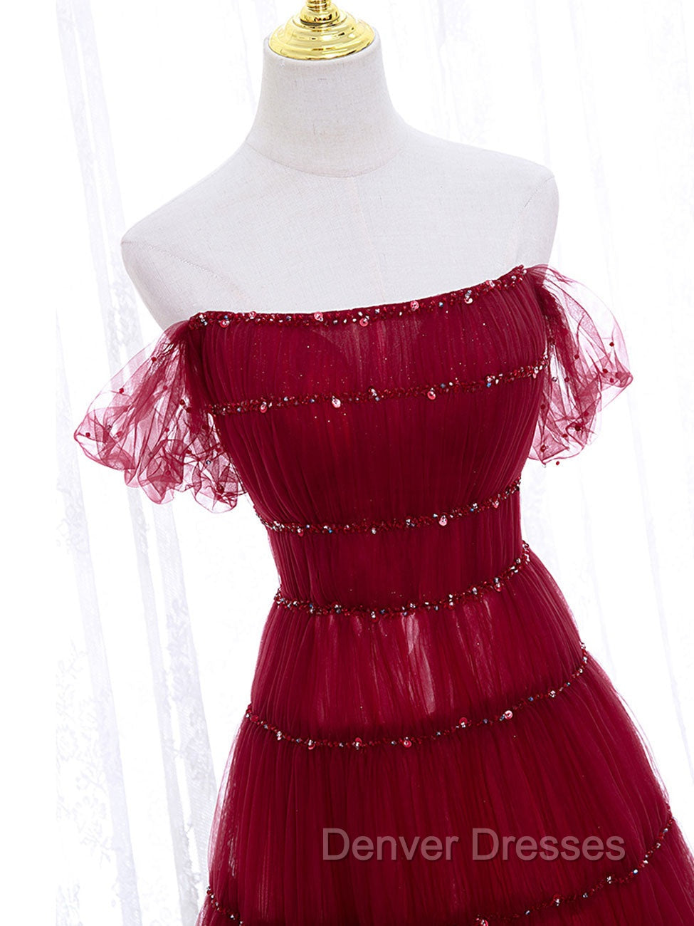 Burgundy Off Shoulder Long Prom Dress, Burgundy Formal Dress with Beading Sequin Secondary image