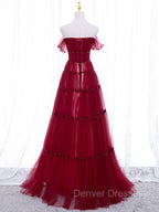 Burgundy Off Shoulder Long Prom Dress, Burgundy Formal Dress with Beading Sequin