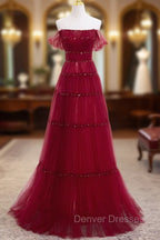 Burgundy Off Shoulder Long Prom Dress, Burgundy Formal Dress with Beading Sequin