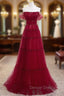 Burgundy Off Shoulder Long Prom Dress, Burgundy Formal Dress with Beading Sequin
