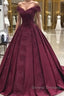 Burgundy off shoulder satin lace long prom Dress, burgundy evening Dress