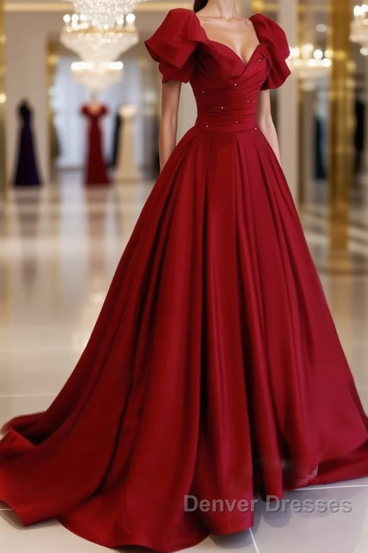 Burgundy off shoulder satin long prom Dress, burgundy evening Dress Main image