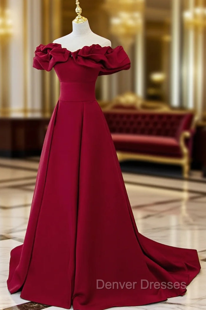 Burgundy Off Shoulder Satin Long Prom Dress, Burgundy Formal Evening Dress Main image