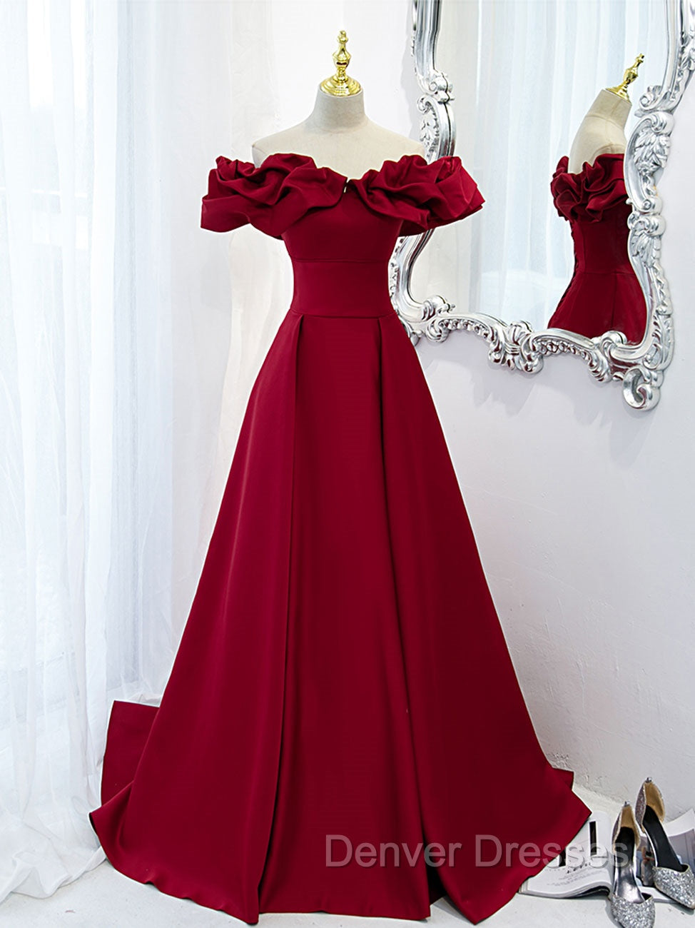 Burgundy Off Shoulder Satin Long Prom Dress, Burgundy Formal Evening Dress Secondary image