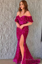 Burgundy Off Shoulder Sequins Mermaid Prom Dress with Slit