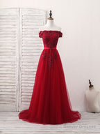Burgundy Off Shoulder Tulle Lace Applique Long Prom Dress, Evening Dress