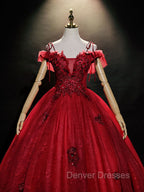 Burgundy Off Shoulder Tulle Lace Long Prom Dress, Burgundy Lace Sweet 16 Dress