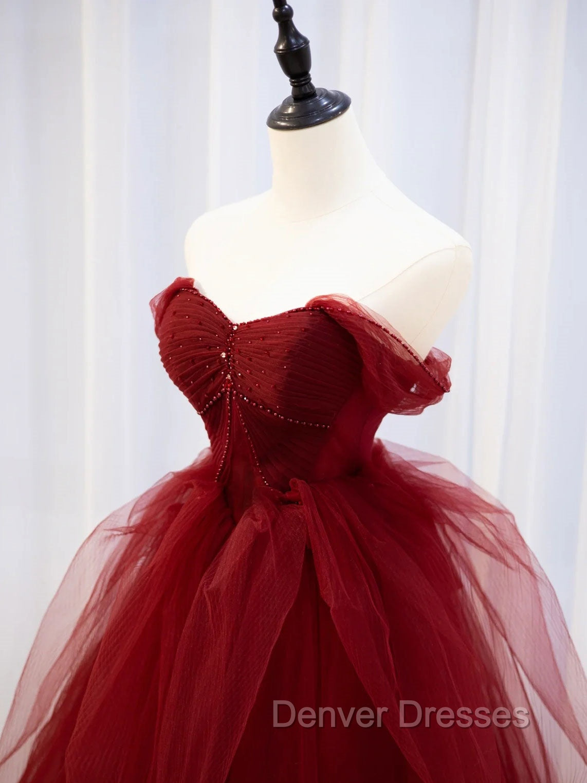 Burgundy Off Shoulder Tulle Lace Long Prom Dress, Burgundy Formal Graduation Dress Secondary image