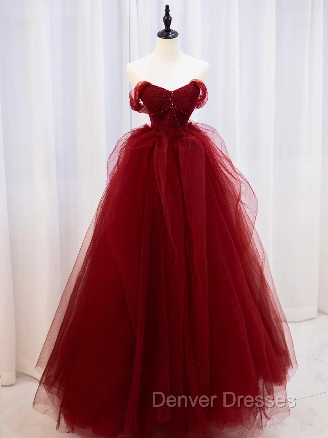 Burgundy Off Shoulder Tulle Lace Long Prom Dress, Burgundy Formal Graduation Dress Main image