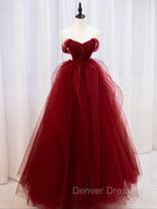 Burgundy Off Shoulder Tulle Lace Long Prom Dress, Burgundy Formal Graduation Dress