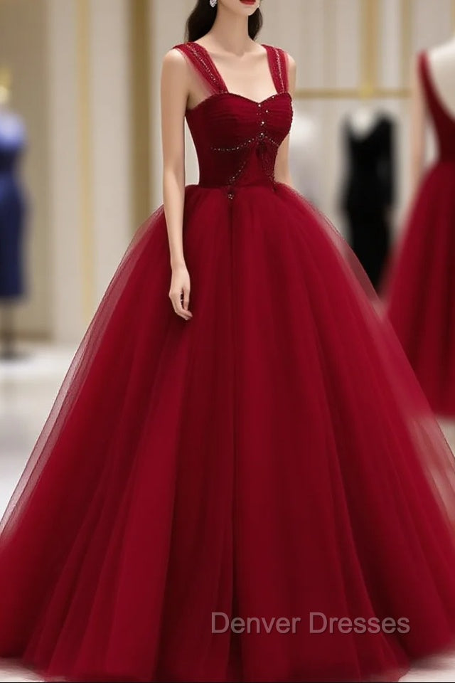 Burgundy Off Shoulder Tulle Long Prom Dress, Burgundy Formal Dress Secondary image