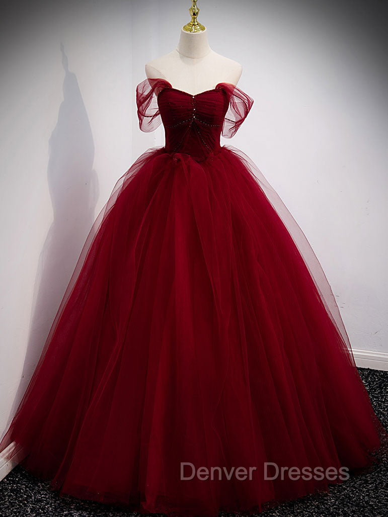 Burgundy Off Shoulder Tulle Long Prom Dress, Burgundy Formal Dress Main image