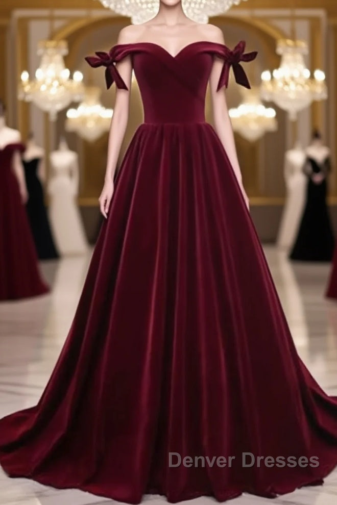 Burgundy Off Shoulder Velvet Long Prom Dress, Off Shoulder Burgundy Graduation Dress, Evening Dress