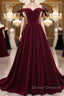 Burgundy Off Shoulder Velvet Long Prom Dress, Off Shoulder Burgundy Graduation Dress, Evening Dress