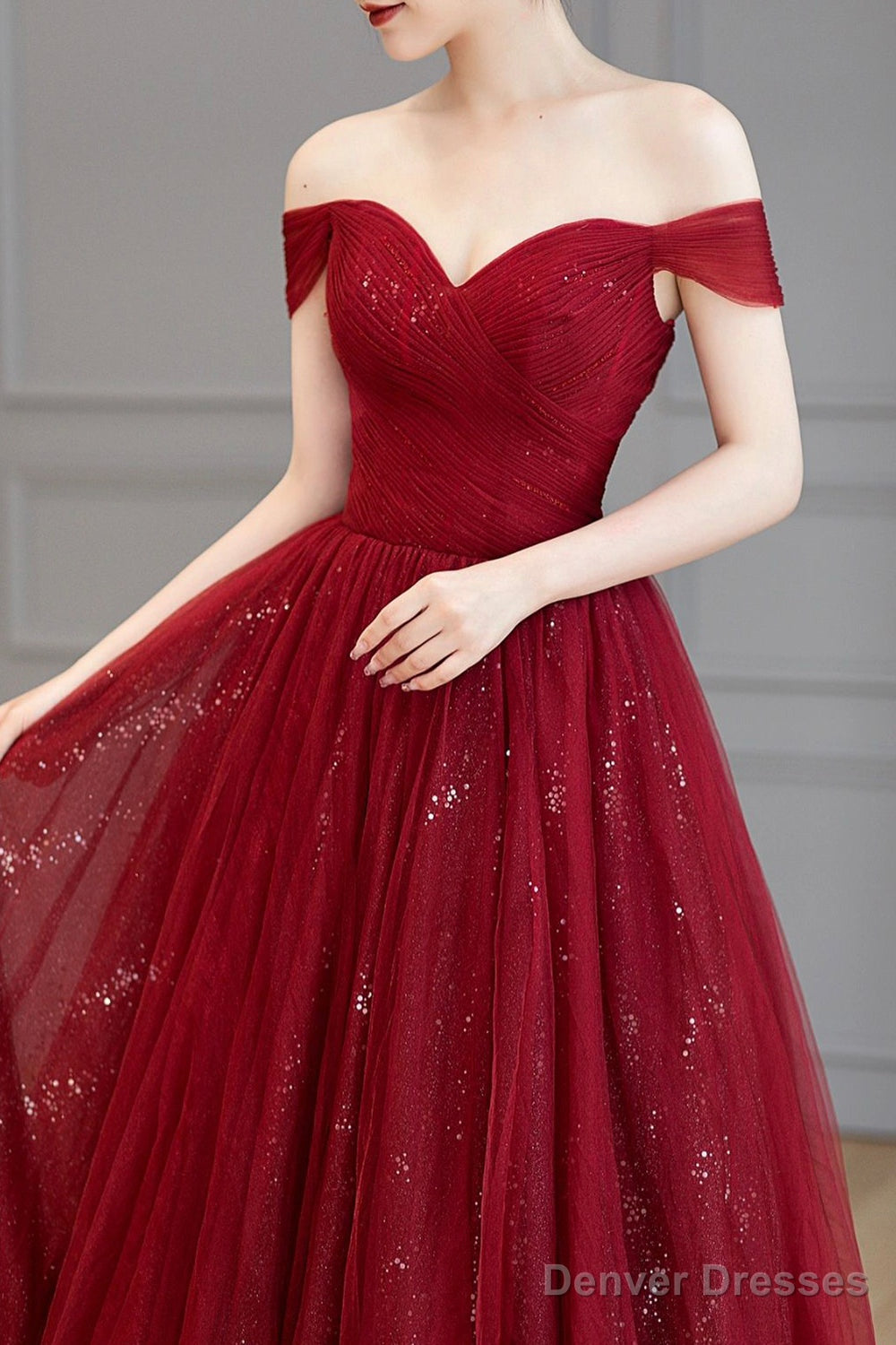 Burgundy Off The Shoulder Long Prom Dress, Elegant Tulle Formal Evening Dress Secondary image