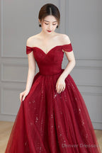 Burgundy Off The Shoulder Long Prom Dress, Elegant Tulle Formal Evening Dress