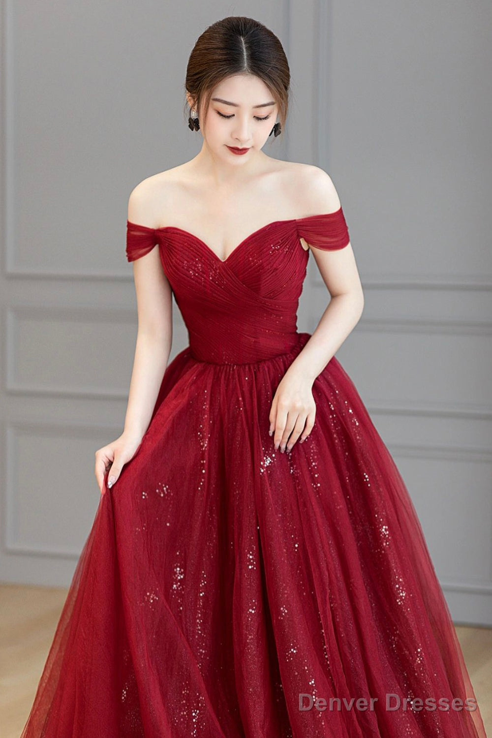 Burgundy Off The Shoulder Long Prom Dress, Elegant Tulle Formal Evening Dress