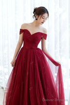 Burgundy Off The Shoulder Long Prom Dress, Elegant Tulle Formal Evening Dress
