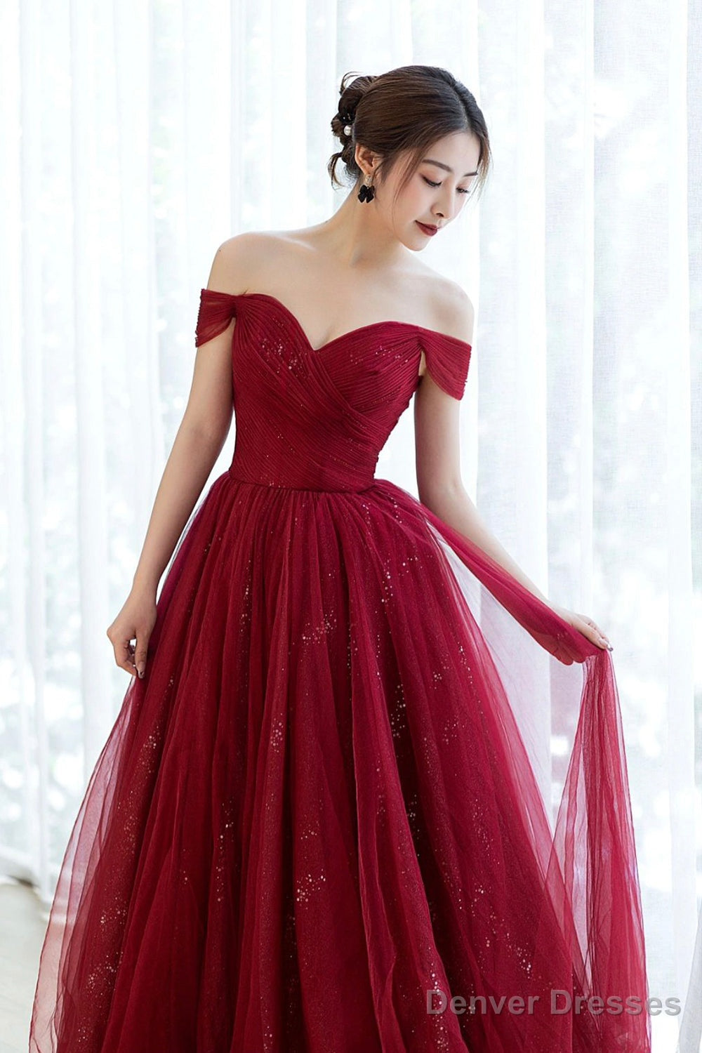 Burgundy Off The Shoulder Long Prom Dress, Elegant Tulle Formal Evening Dress