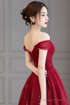 Burgundy Off The Shoulder Long Prom Dress, Elegant Tulle Formal Evening Dress