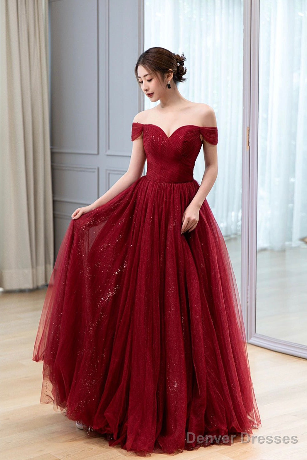 Burgundy Off The Shoulder Long Prom Dress, Elegant Tulle Formal Evening Dress Main image