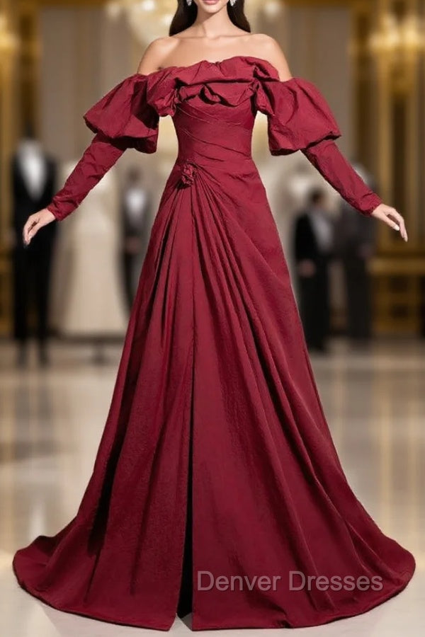 Burgundy off the Shoulder Pleats Prom Dress With Detachable Sleeve
