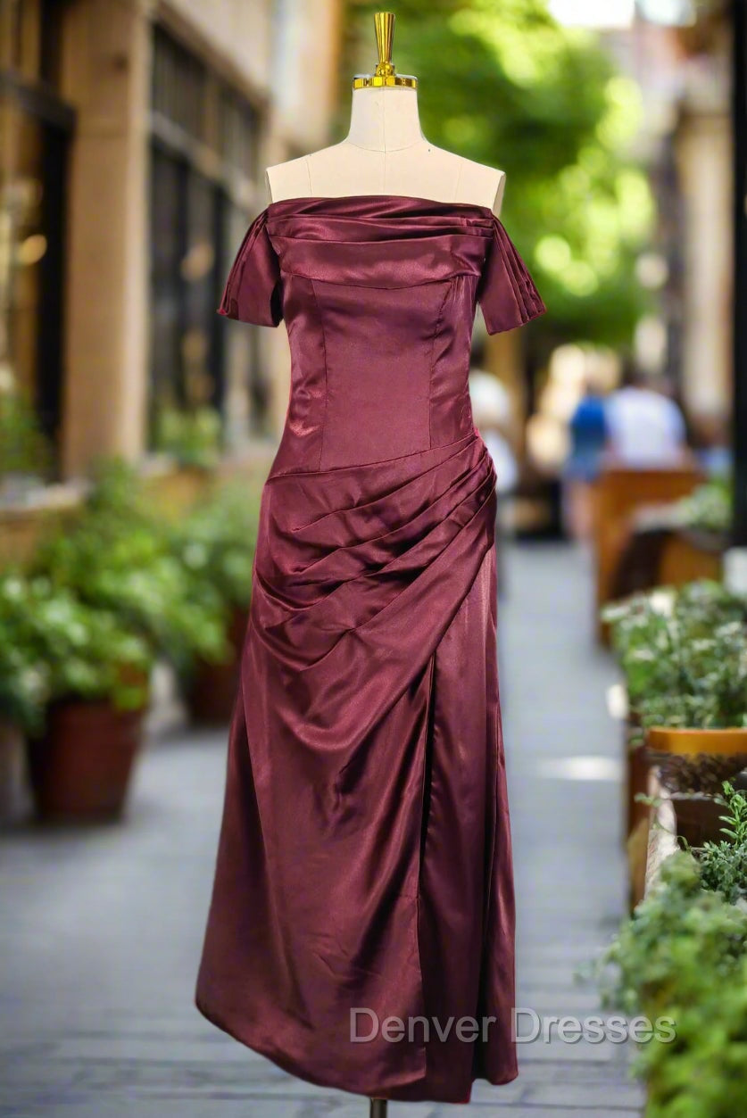 Burgundy Off The Shoulder Prom Dress Simple Satin Formal Dress