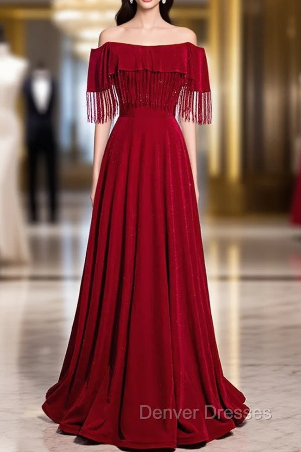 Burgundy Off the Shoulder Tassel Beading Prom Dress