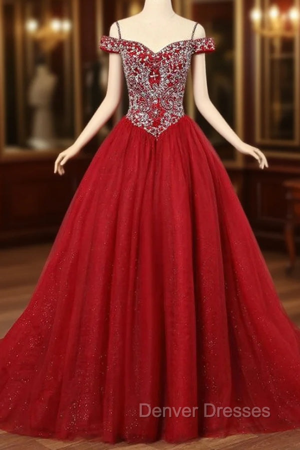 Burgundy Off the Shoulder Tulle Ball Gown Crystal Quinceanera Dress Main image