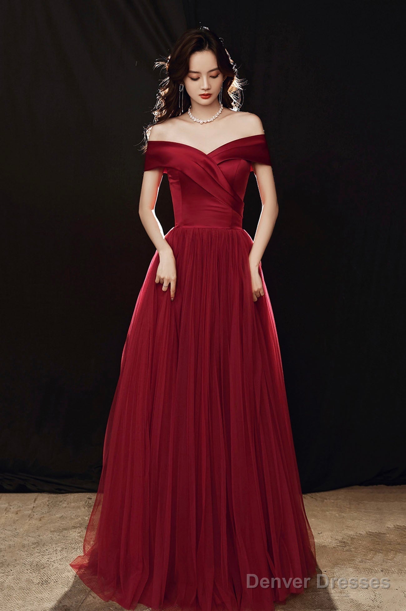 Burgundy Off The Shoulder Tulle Long Prom Dress, A-Line Evening Party Dress