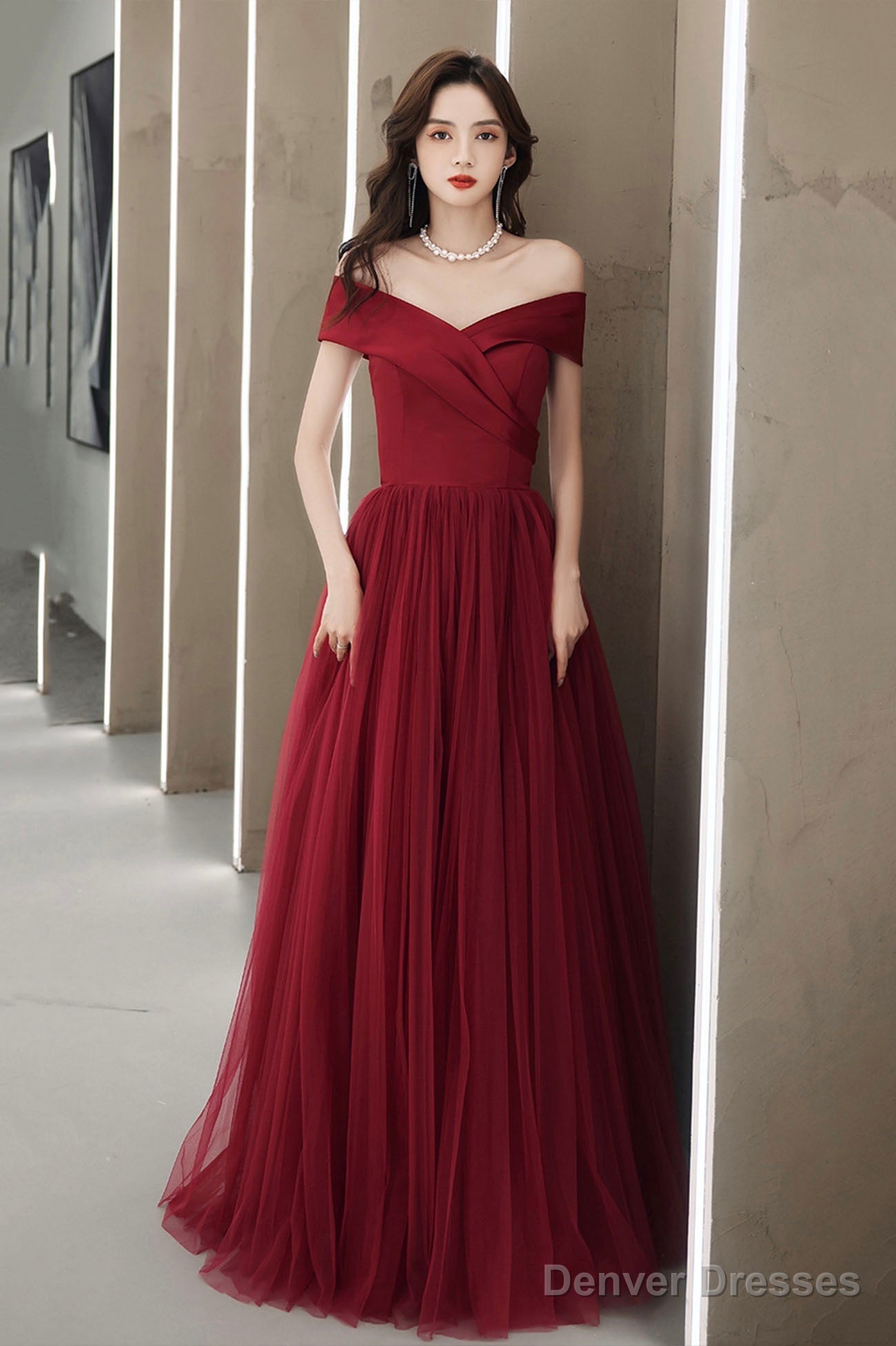 Burgundy Off The Shoulder Tulle Long Prom Dress, A-Line Evening Party Dress Main image