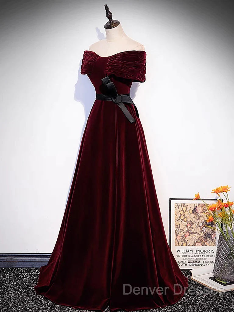 Burgundy Off The Shoulder Velvet Long Prom Dress