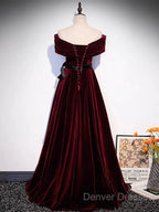 Burgundy Off The Shoulder Velvet Long Prom Dress