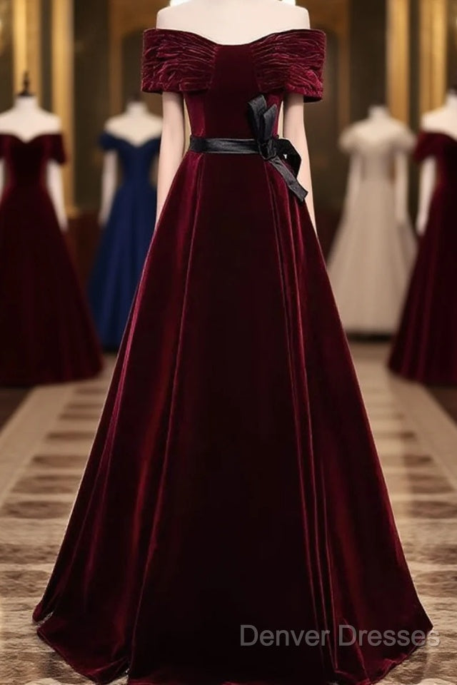 Burgundy Off The Shoulder Velvet Long Prom Dress Main image