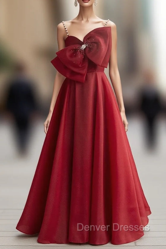 Burgundy Organza Spaghetti Straps Pearls Prom Dress