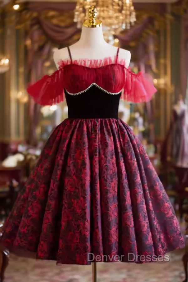 Burgundy Print Spaghetti Straps Homecoming Dress Main image