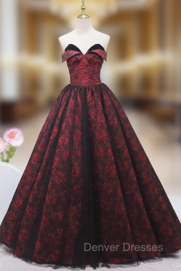Burgundy Print Strapless Prom Dress Main image