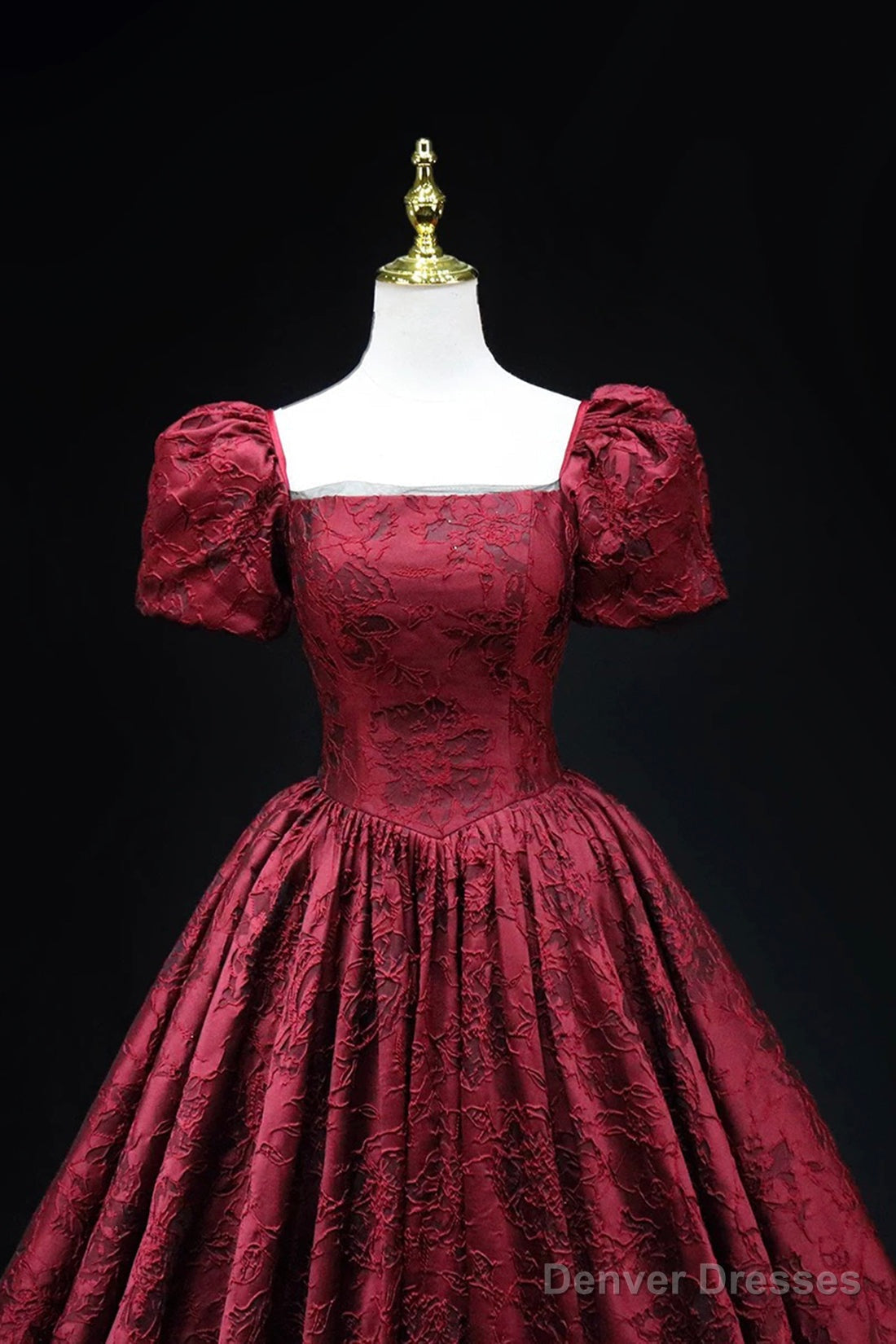 Burgundy Printed Long A-Line Prom Dress, A-Line Short Sleeve Formal Evening Dress Secondary image
