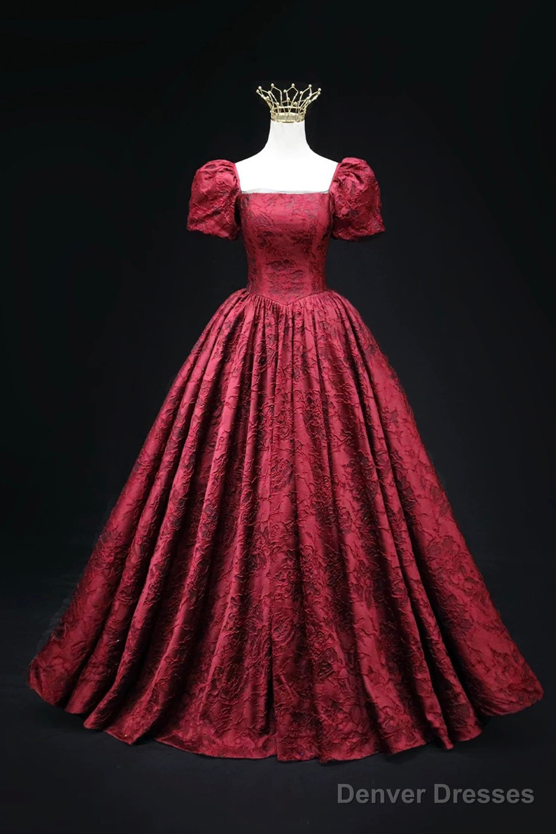 Burgundy Printed Long A-Line Prom Dress, A-Line Short Sleeve Formal Evening Dress Main image
