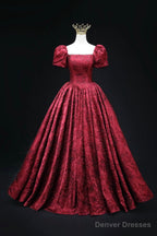 Burgundy Printed Long A-Line Prom Dress, A-Line Short Sleeve Formal Evening Dress