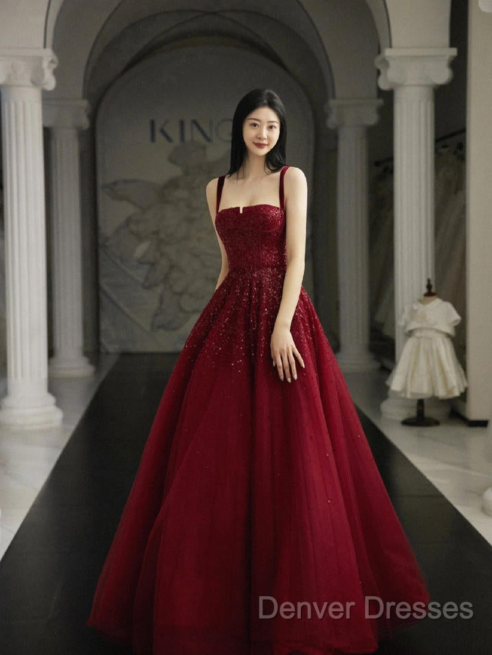 Burgundy Prom Dress A Line Straps Tulle Evening Dress